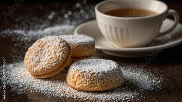 Obraz Spanish Shortbread with powdered sugar resting close to steamed tea, embodying warm seasonal comfort and festive joy