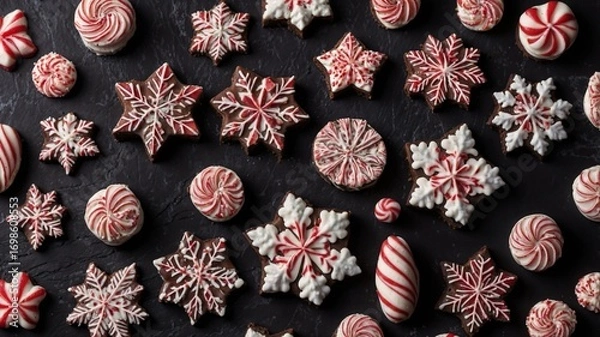 Obraz Peppermint bark and chocolate fudge decorated with snowflakes pattern creating a festive christmas sweets background