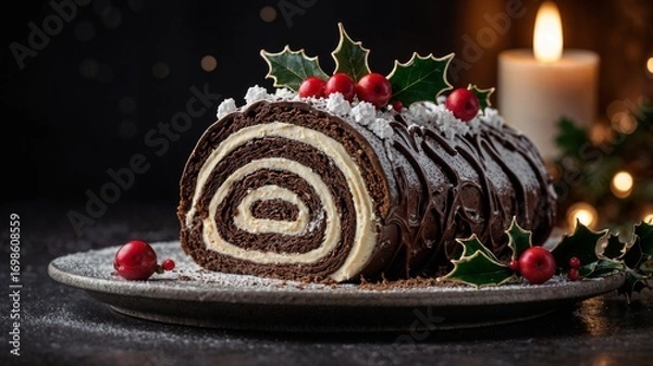 Obraz Yule chocolate log adorned with holly, red berries and powdered sugar. Elegant Brilliant Christmas dessert with Christmas Spirit