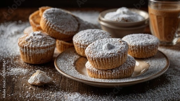 Obraz Spanish Shortbread sprayed with powdered sugar, on a table next to Capuchino for steamed on the rustic wood surface