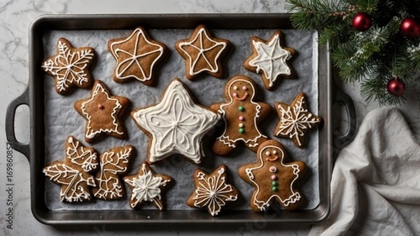 Obraz Delicious homemade christmas cookies on baking tray, decorated with white icing and colorful candies