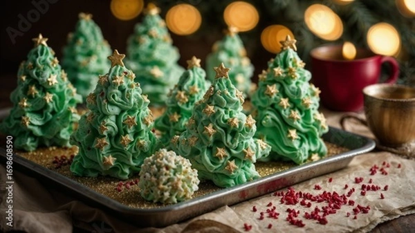 Obraz Festive merengue Christmas trees decorated with gold stars, on a baking tray, creating a sweet Christmas scene