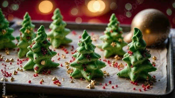 Obraz Miniature meringue christmas trees adorned with red, gold sprinkles resting on baking sheet, festive holiday dessert