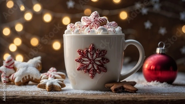 Obraz Christmas cup with hot chocolate, marshmallow, gingerbread cookies and festive decorations creating a warm vacation atmosphere