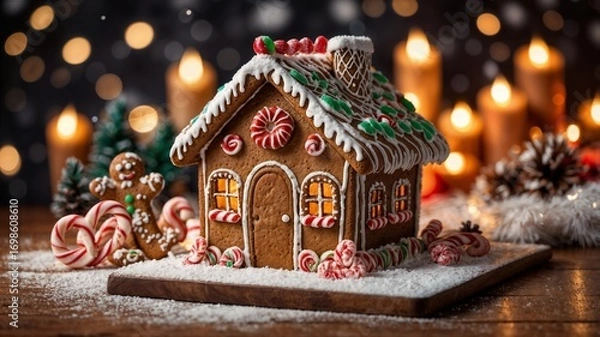 Obraz Festive gingerbread house glowing with christmas lights, candles casting warm shadows on intricate sugary details