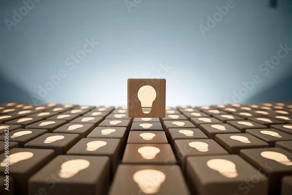 Obraz Illuminated light bulb symbol on a wooden block standing out from the crowd
