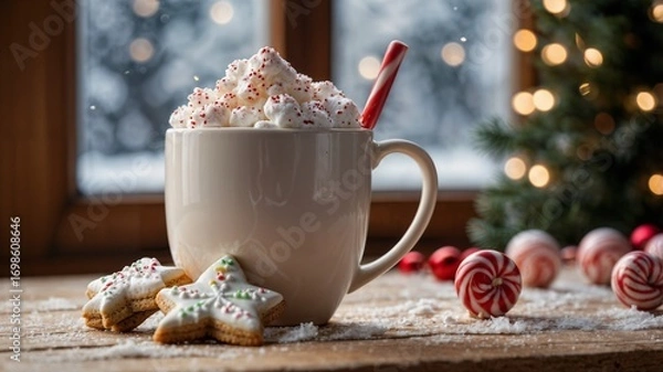Obraz Mug of hot chocolate with whipped cream, sprinkles and candy canes, star shaped cookies, christmas tree lights and snowy window in background