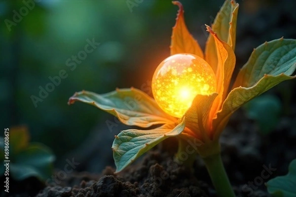 Obraz Close-up shot of a voracious plant rapidly consuming a glowing orb of energy, its leaves unfurling to engulf the light source , orb, bright, shadows