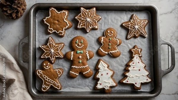 Obraz Gingerbread cookies with Christmas decorations on bakery tray