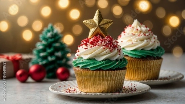 Obraz Christmas cupcakes decorated with glaze and sparks, on a dish in front of a Christmas tree and a gift