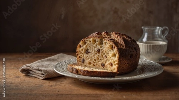 Obraz Festive Christmas bread with raisins, on a jug of milk in rustic dishes, highlighting the warmth of the seasonal bakery