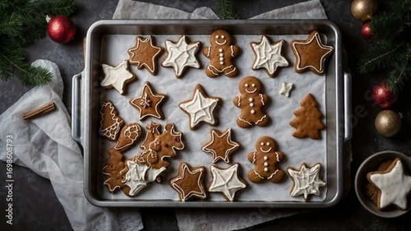 Obraz Festive holiday baking scene featuring gingerbread men and star cookies with white icing, nestled among christmas ornaments and cinnamon sticks