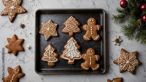 Obraz Festive gingerbread cookies with white glaze sugar decoration on the marble surface near Christmas ornaments, creating seasonal baked scene