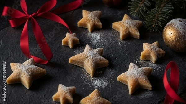 Obraz Festive star-shaped cookies dusted with powdered sugar, nestled among red ribbons, golden ornaments, and evergreen branches, evoking holiday warmth