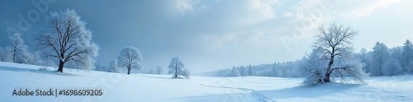 Obraz Frozen landscape with stark, snow-covered trees under a bleak, winter sky The intense cold is palpable in the scene's icy stillness and deep shadows , serene, shadows