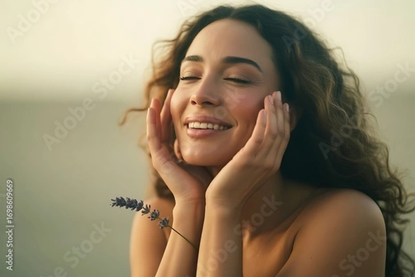 Obraz Smiling woman with closed eyes touching her face with lavender branch