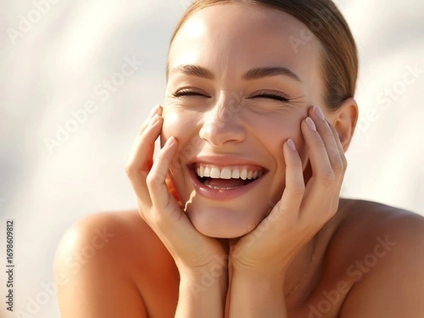 Obraz Close up portrait of a happy woman laughing with hands on face outdoors