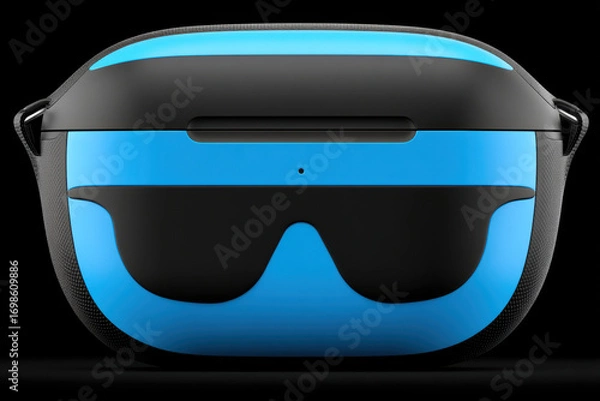 Fototapeta Stylish neon blue wireless earbud case with matte black accents and textured strap, sleek commercial product shot evoking modern tech confidence and high performance design