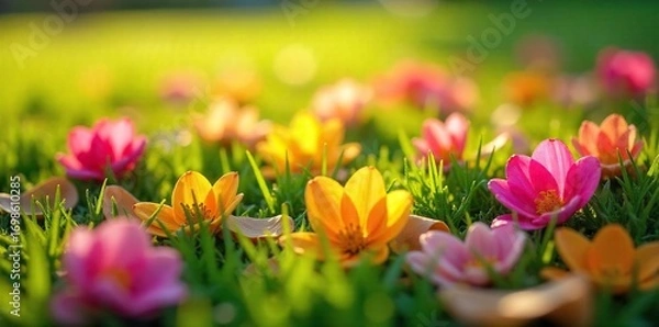 Obraz Close-up view of vibrant, colorful flower petals scattered on lush green grass, bathed in soft sunlight A perfect depiction of springtime beauty and natural vibrancy , pretty, aesthetic