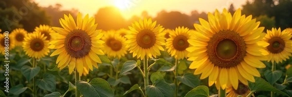 Obraz Golden hour sunlight bathes a lush summer field of ripening sunflowers, buzzing with bees A vibrant display of summer agriculture at its peak , vibrant, yellow