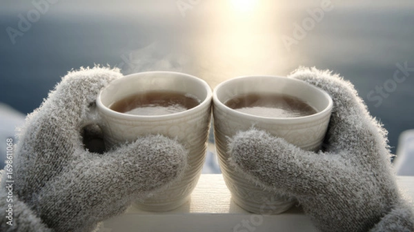Fototapeta Cozy pair of gloved hands holding two steaming mugs of hot tea on frost coated railing with soft morning sunlight over blurred Arctic seascape