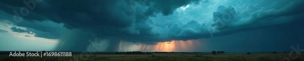 Obraz Dramatic, dark cloudscape brewing a powerful storm Heavy rain threatens, windswept landscape visible below Imminent tempestuous weather Nature's raw power on full display , intense, thunderstorm