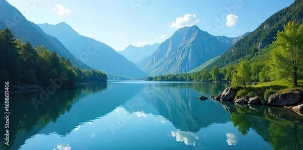 Obraz Serene landscape featuring a tranquil lake reflecting the surrounding mountains and lush greenery under a clear blue sky Perfect for nature, travel, and serenity themes , countryside, sky, vacation