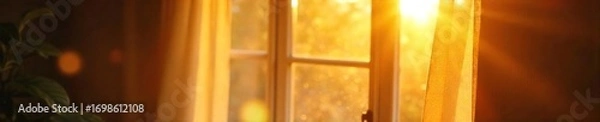 Obraz Golden hour sunlight streams through a window, illuminating dust motes dancing in the warm, lazy Sunday afternoon light Perfect for relaxation and peaceful vibes , comfort, orange
