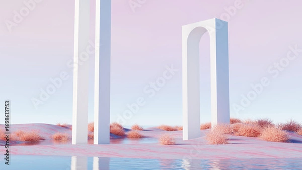 Fototapeta 3d render, surreal abstract landscape with tall white arch structures in desert