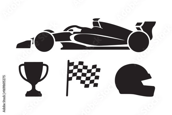 Obraz Formula 1 racing icons car trophy flag and helmet silhouette