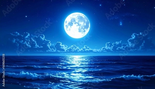Fototapeta A breathtaking seascape at night, moonlit ocean under a starry sky with clouds