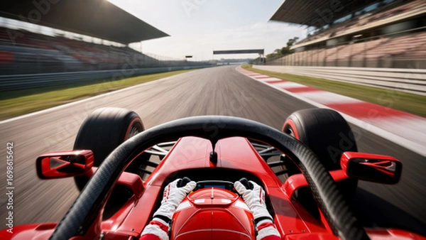 Fototapeta POV of red Formula 1 driver racing at high speed on professional racetrack with motion blur