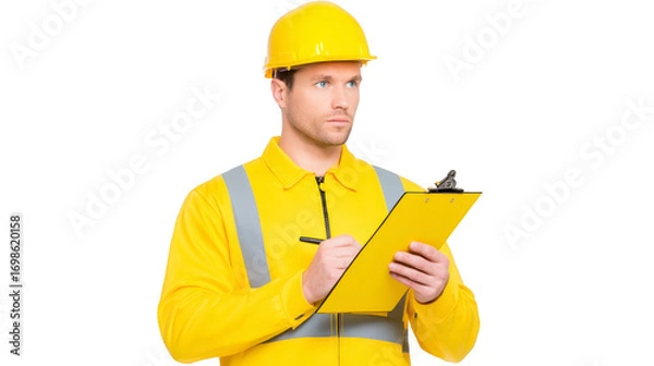 Obraz Construction worker wearing yellow safety helmet and reflective jacket holding clipboard, writing notes, focused expression, isolated on transparency background