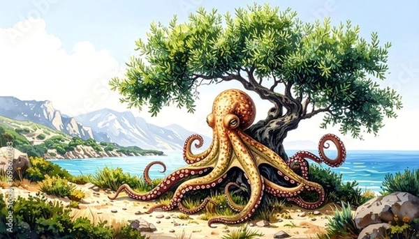 Obraz Octopus resting under olive tree by the sea (1)