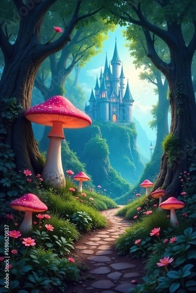 Fototapeta Enchanted forest path winds through giant mushrooms and luminous flora, leading to a mystical castle in the distance Perfect for fantasy, fairytale, or magical realm concepts , woods, magical