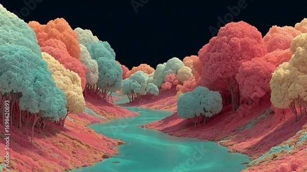 Fototapeta A vibrant, surreal landscape featuring a winding turquoise river flowing through a valley filled with brightly colored trees and foliage under a dark sky.