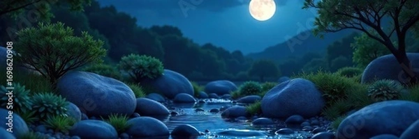 Fototapeta Serene Moonlight Scene Smooth Rocks and Shadowy Plants in a Tranquil Nighttime Landscape, Perfect for Relaxation and Sleep Themes