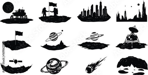 Obraz Space exploration silhouettes, lunar rover, astronauts on moon, futuristic cityscape, planets, satellite, space probe, meteor, cosmic landscape, moon surface