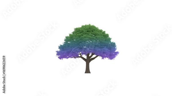 Obraz Tree with green, blue, and purple gradient foliage, isolated on transparency background, symbolizing diversity and creativity, vibrant and unique nature concept