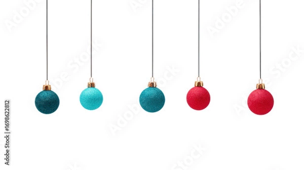 Obraz Blue and red Christmas ornaments hanging on black strings, isolated on transparency background, festive and cheerful holiday decoration for winter celebrations and seasonal events
