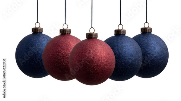 Obraz Red and blue Christmas ornaments hanging in row, festive holiday decoration with textured surface, isolated on transparent background, joyful and cheerful mood