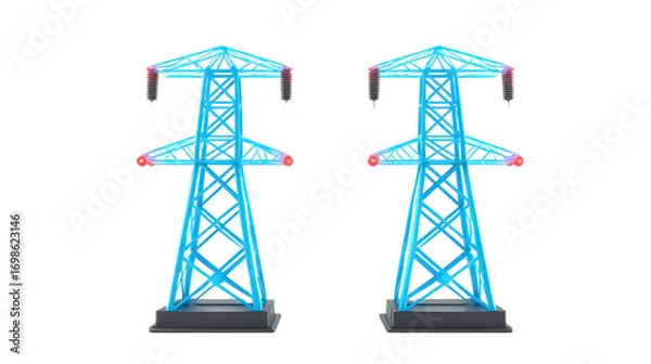 Obraz High voltage electricity pylon blue steel structure isolated on transparency background industrial energy concept modern power transmission technology no people clean design