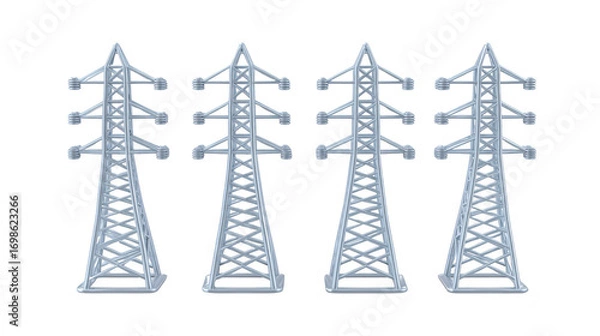 Obraz Four metal electricity pylons with lattice structure stand in row, isolated on transparent background, representing energy infrastructure and industrial power transmission