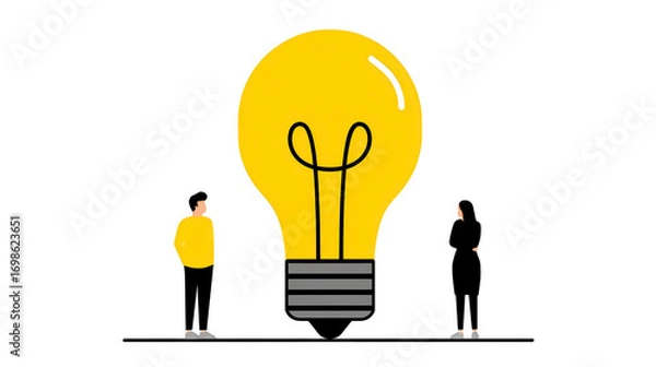 Obraz Large yellow light bulb illustration with two people standing on either side, symbolizing creativity, innovation, and brainstorming in modern, minimalistic style