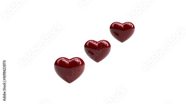 Obraz Three glossy red hearts float in row on transparent background, symbolizing love, romance, and affection, perfect for Valentine Day or romantic design themes