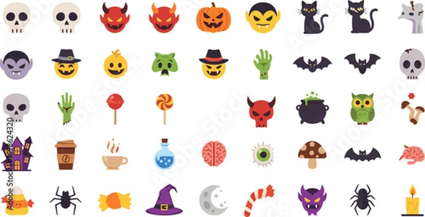 Fototapeta Colorful Halloween emojis set with skulls, devils, pumpkins, vampires, black cats, zombies, bats, witches, candy, brains, and spooky items