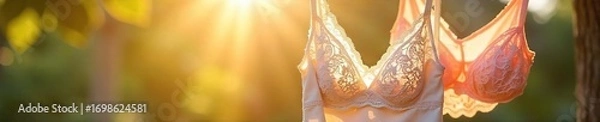 Fototapeta Delicate lace lingerie, freshly laundered and hanging to dry, bathed in soft sunlight The image evokes a sense of cleanliness, purity, and feminine beauty , laundry, freshness