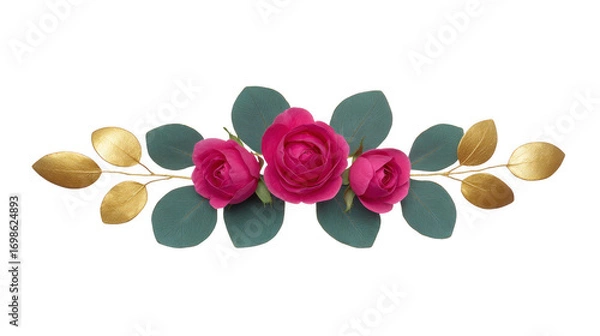 Obraz Pink rose flower arrangement with green leaves and gold foliage, elegant floral decoration for invitations, romantic and luxurious design element