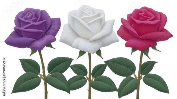 Obraz Purple rose white rose and red rose with green leaves detailed petals and realistic texture symbolizing love purity and admiration isolated on transparent background