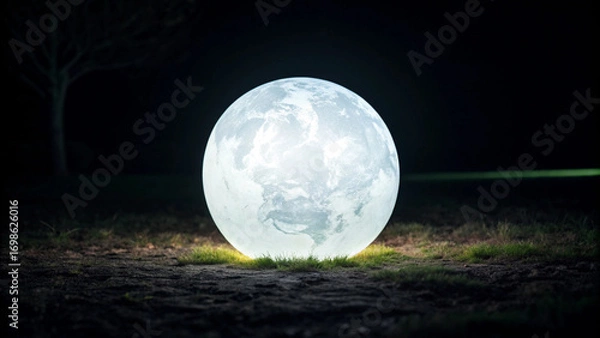 Fototapeta Glowing Sphere Resembling the Moon on Grassy Ground at Night light